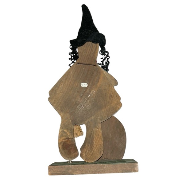 Wooden Halloween Good Witch Figurine with Curly Black Hair and Broom 11” - Picture 6 of 9